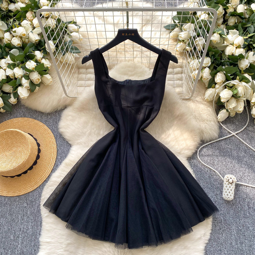 French hepburn style dress women's  summer high-end square neck camisole spliced mesh puffy gown maxi dress