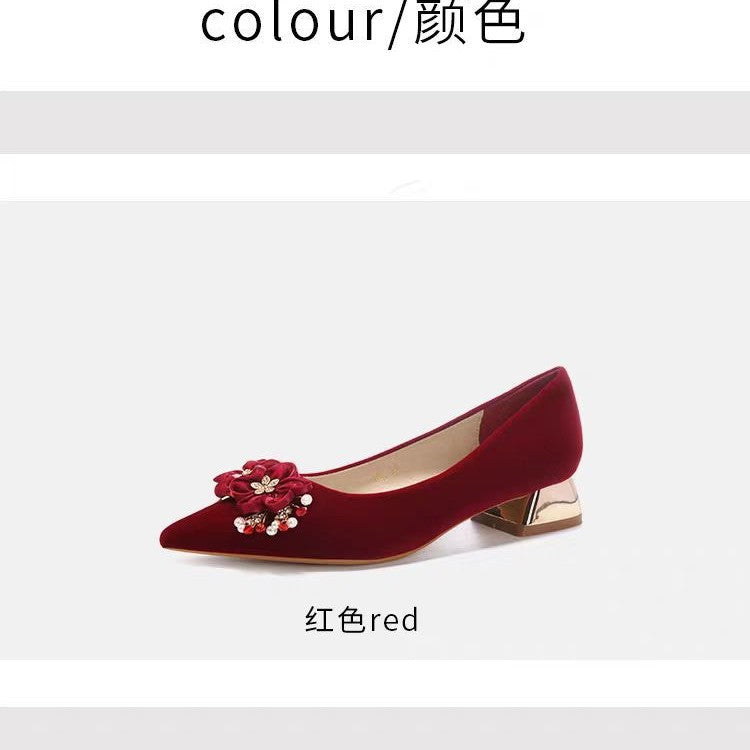 2026 new pointed-toe floral red suede chunky heel xiuhe wedding shoes - comfortable high heels for women - chinese style bridal shoes