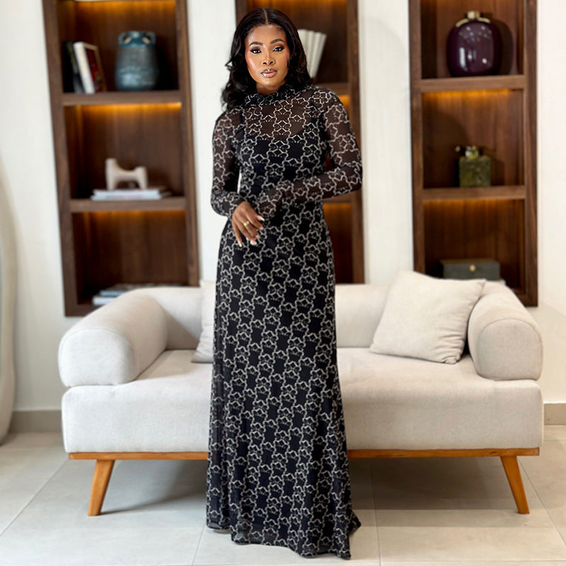 European and american style ins cross-border women's clothing slim fit printing fashion waist a-line skirt home high collar long sleeves breathable dress