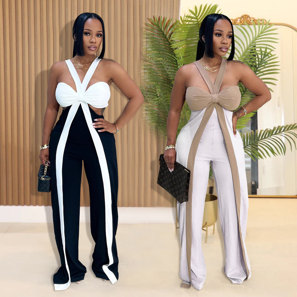 C7539 cross-border   fashion women's sexy strapless bandeau casual wide-leg jumpsuit