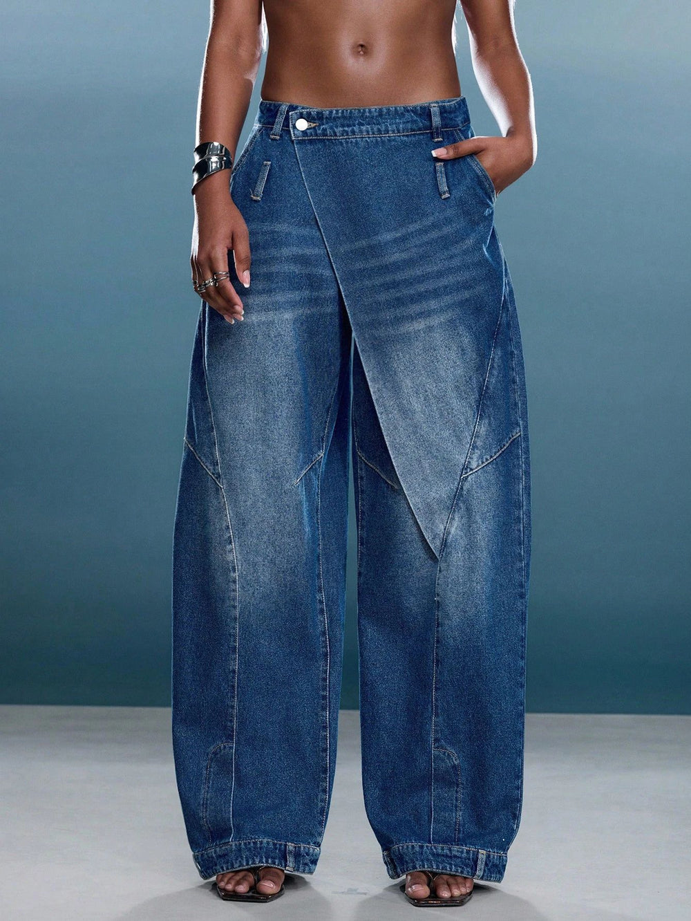 Fashionjeans women's asymmetrical cross placket loose pants washed distressed deconstructed drapedmop denim pants