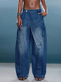 Fashionjeans women's asymmetrical cross placket loose pants washed distressed deconstructed drapedmop denim pants
