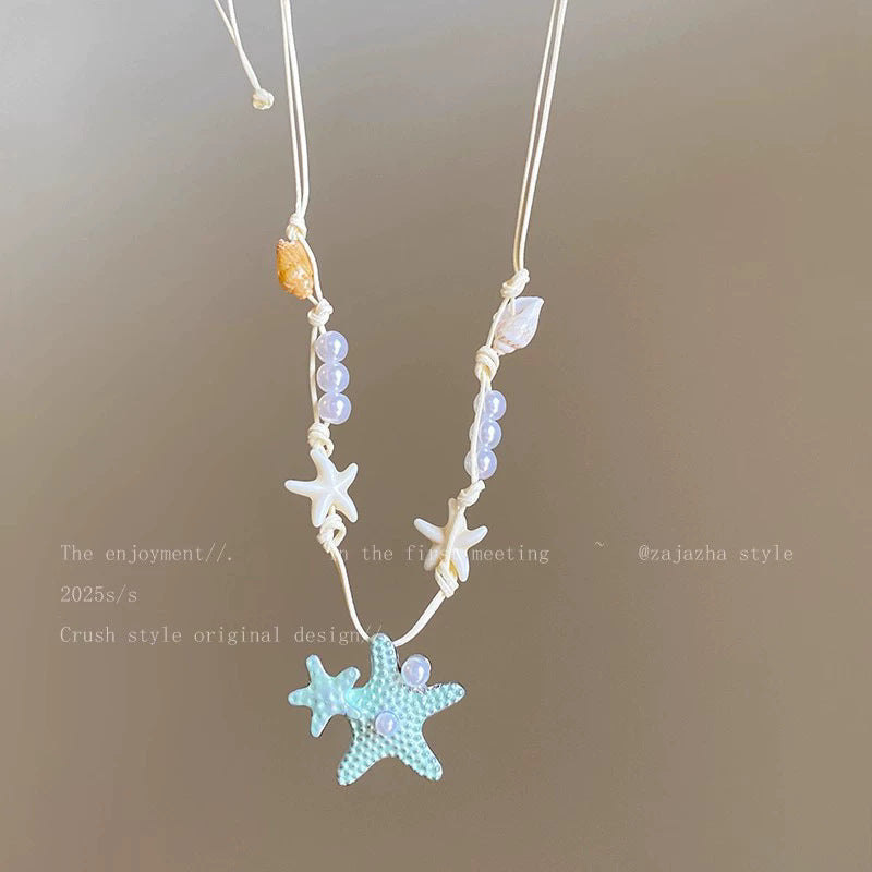 Blue starfish shell beaded necklace - women's summer beach vacation style choker - sweet, versatile, and atmosphere-boosting accessory