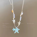 Blue starfish shell beaded necklace - women's summer beach vacation style choker - sweet, versatile, and atmosphere-boosting accessory