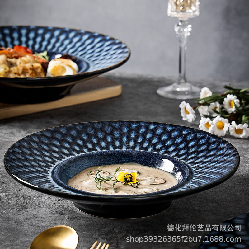 Japanese kiln-turned-beautiful western food plate, household polka dot creative tall spaghetti plate, soup plate, dessert plate