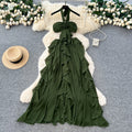 Pure desire style hollow stereo flower halter suspender dress women's vacation outfit rufflestube top long skirt