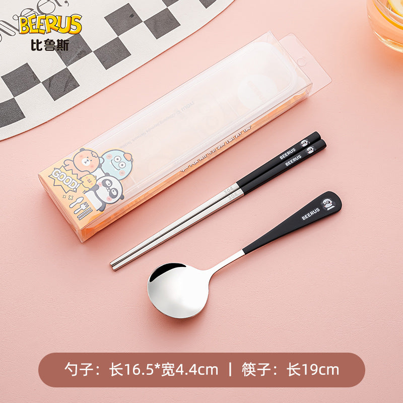 Cartoon 304 stainless steel chopsticks and spoon set - kids' dinnerware with original beerus collaboration design - wholesale