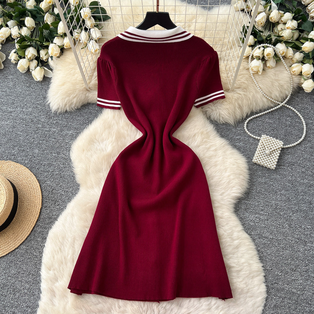 Korean style commute lapel short sleeve knitted dress - women's summer minimalist letter print waist-cinching slimming elegant a-line dress