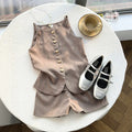 Girls' korean style gentle & elegant high-end suit: light coffee color exquisite gold buckle vest + matching shorts set