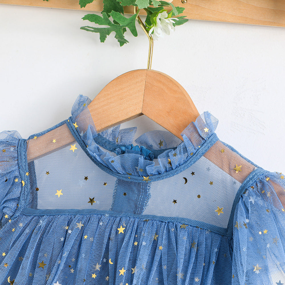 girls' ins-style mesh dress, ages 3-8, flutter sleeve dress, european and american solid color summer dress, cross-border e-commerce