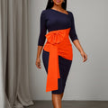 Slant collar contrast colorpatchwork party dress, mid-sleeve waist, asymmetrical pleated bowsilm hip skirt