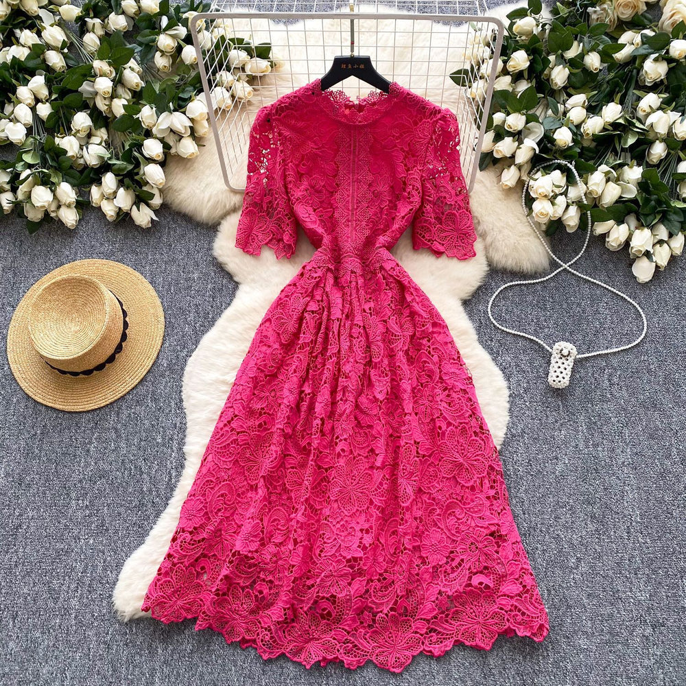 Frenchclassy sense cut out crochet lace short-sleeved dress women's summer waist slimming lookeleganta word dress