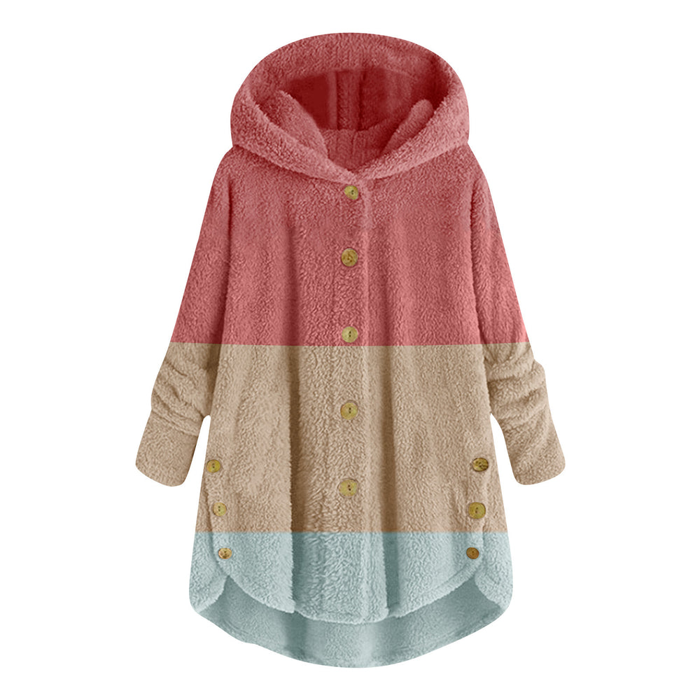 new fashion women's european and american button-down plush top color block multi-color hooded jacket