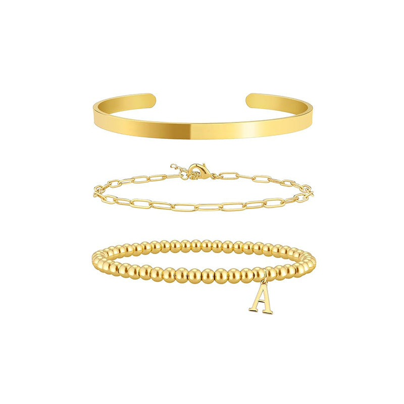 Amazon 26 letter pendant stainless steel gold beads beaded bracelet paper clip chain open bracelet stackable suit