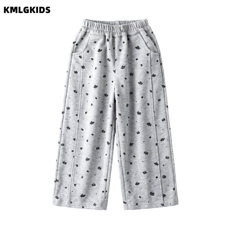 Girls'  autumn new arrival: all-over floral print embroidered straight-leg comfortable casual pants