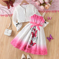 girls' skirt set: pink bow dress with butterfly print and flared sleeves, two-piece outfit for kids