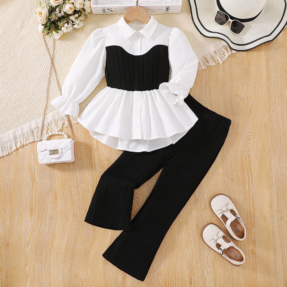 Exportgirlsuit laceknittingvestpatchworkshirt tweed stylelong sleevestopsknitting pants children's two-piece set