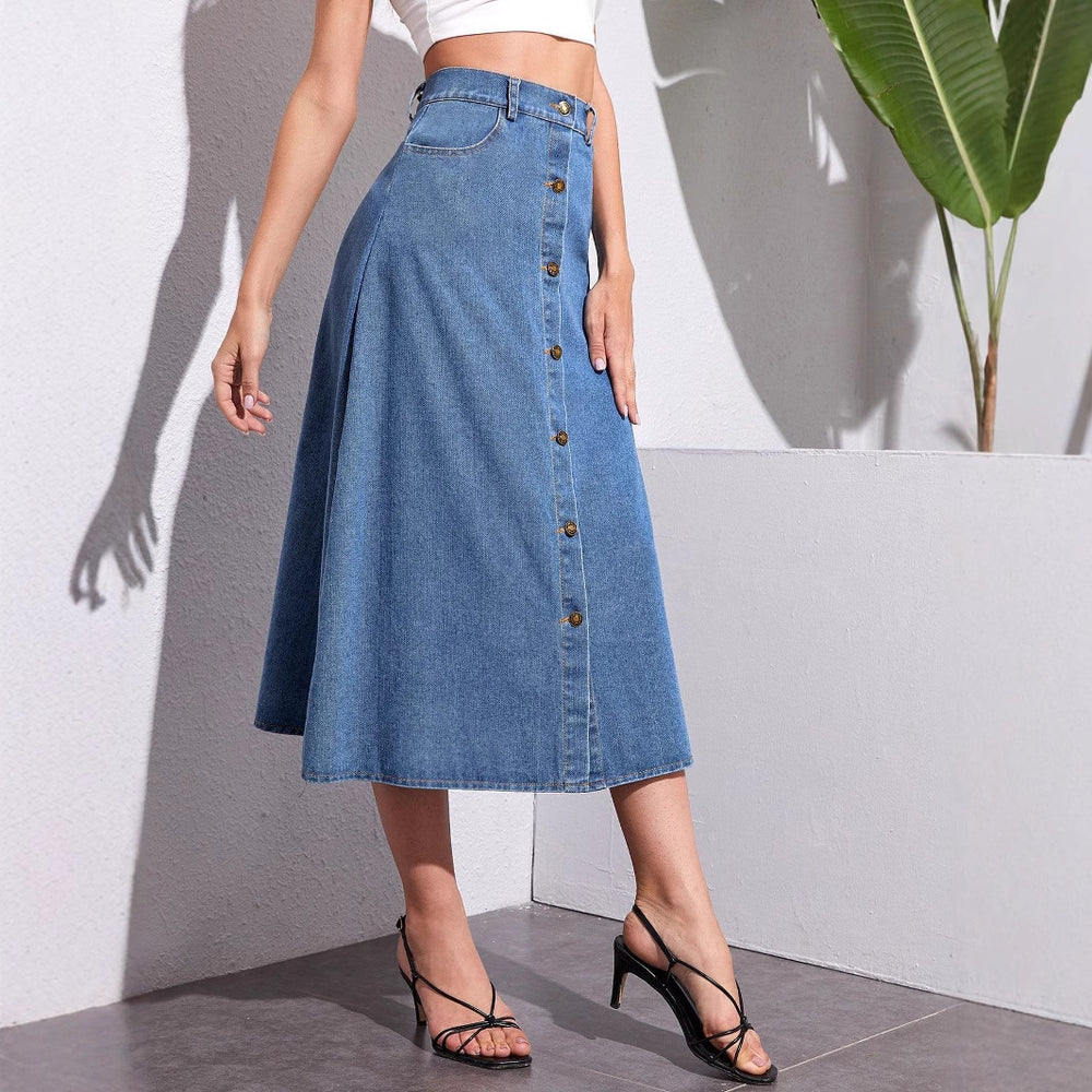 Pre-sale-20071#  cross-border women's fashion european and american ins fashion buttoned high waist denim half-length skirt
