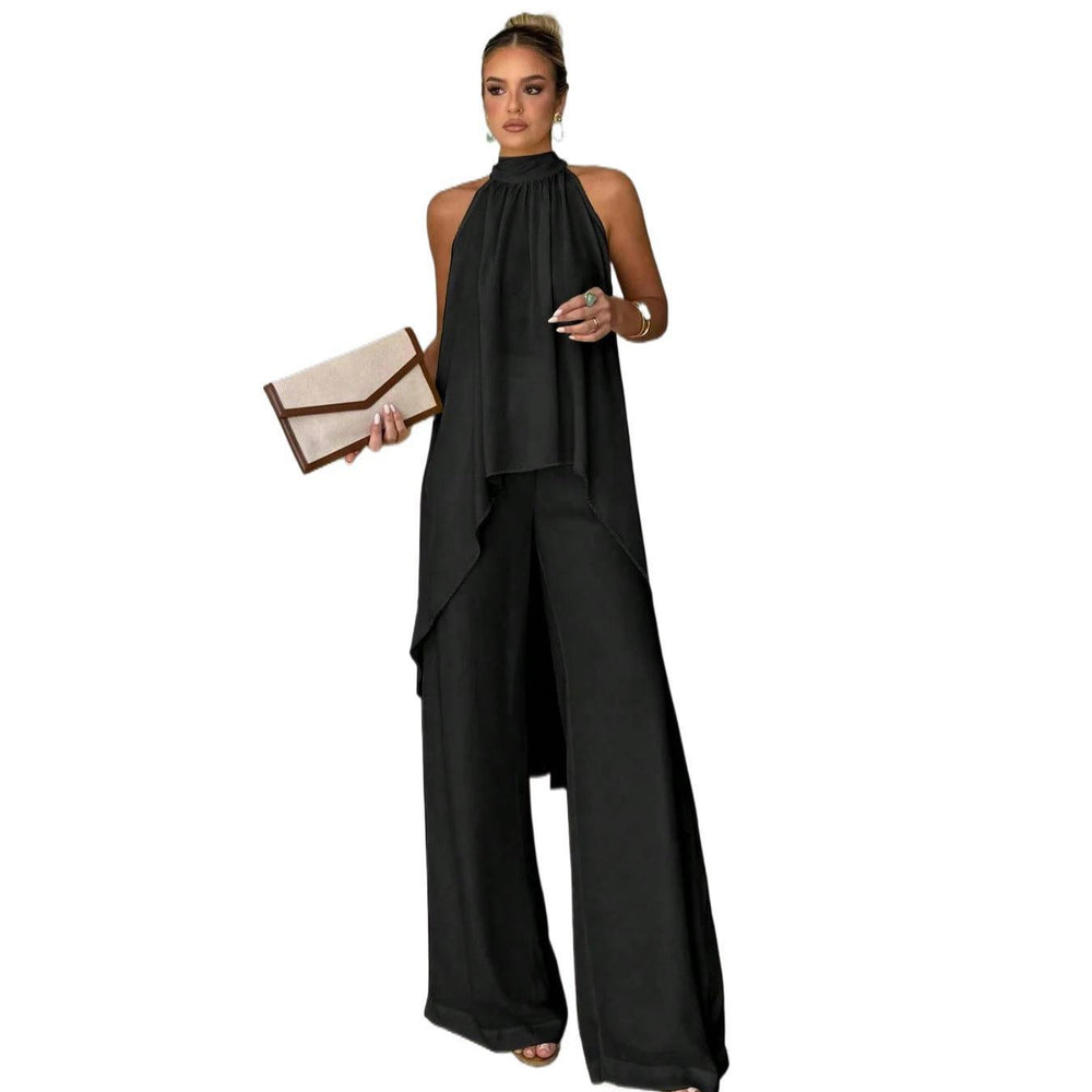 Independent station fashion cross-border  summer fashioncasual asymmetrical sleeveless elegantpure color pants suit women's clothing
