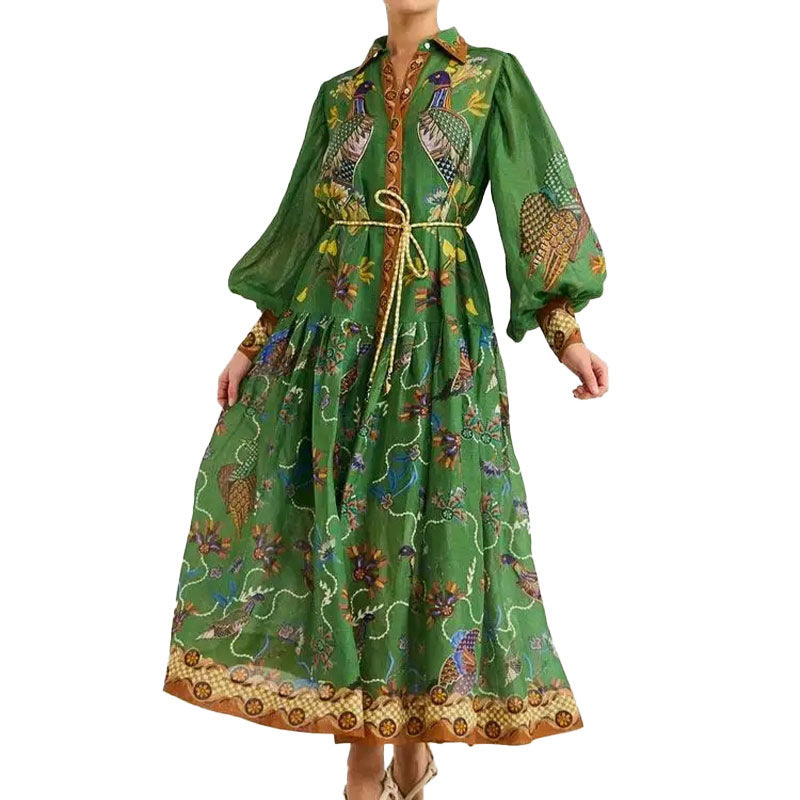 cross-border e-commerce european and american women's clothing: new summer collection - vintage lantern sleeve printed long-sleeve pleated dress