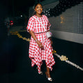 European and american cross-border women's fashion:  summer new collection - stylish round neck plaid cropped top and asymmetrical midi skirt set