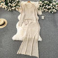 Korean style early spring outfit: effortless knit set for women - designer cutout top & versatile midi skirt two-piece trendy set