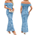 C7761 cross-border  new women's off-the-shoulder blue floral mesh bodycon mermaid dress - perfect for vacation