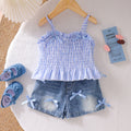 Kids clothing cross-border exclusive for european and american girls new arrival children's camisole + blue shorts baby