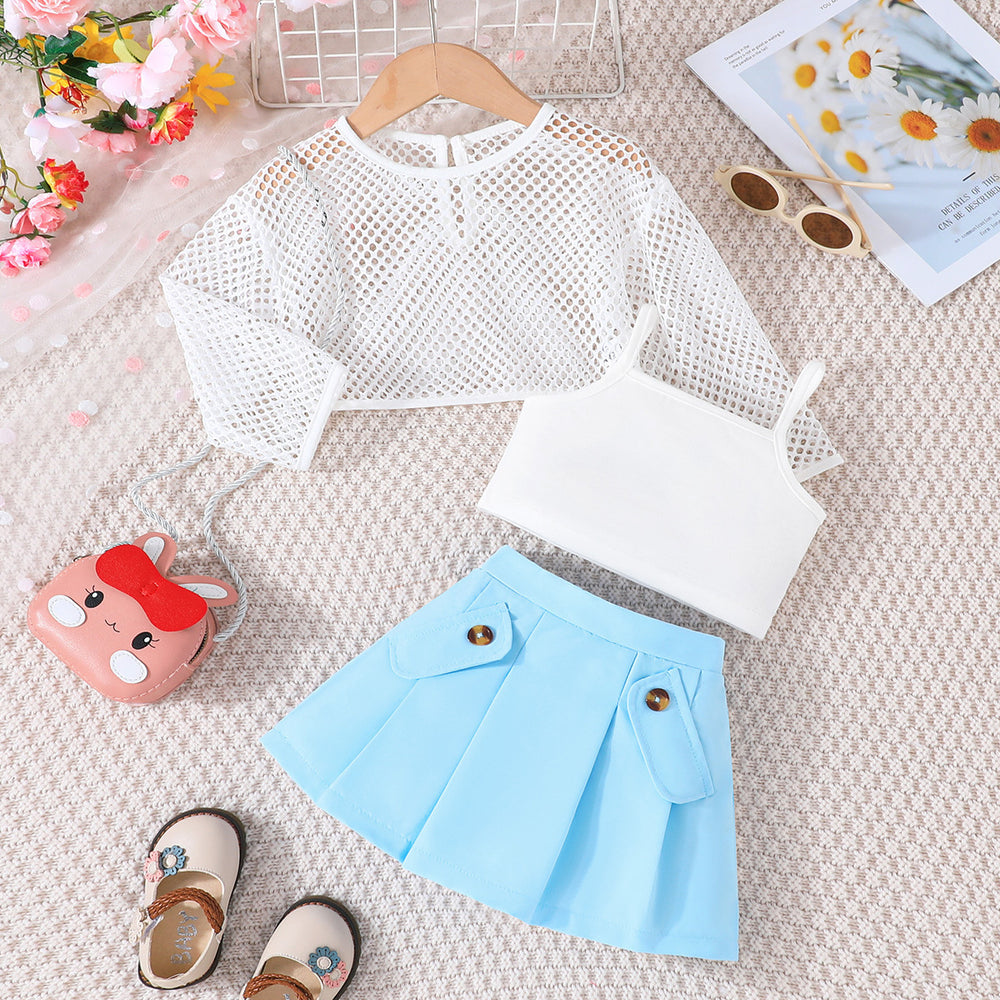 summer new girls' mesh long-sleeve top + cropped tank top + pleated skirt three-piece set - in stock