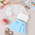 summer new girls' mesh long-sleeve top + cropped tank top + pleated skirt three-piece set - in stock