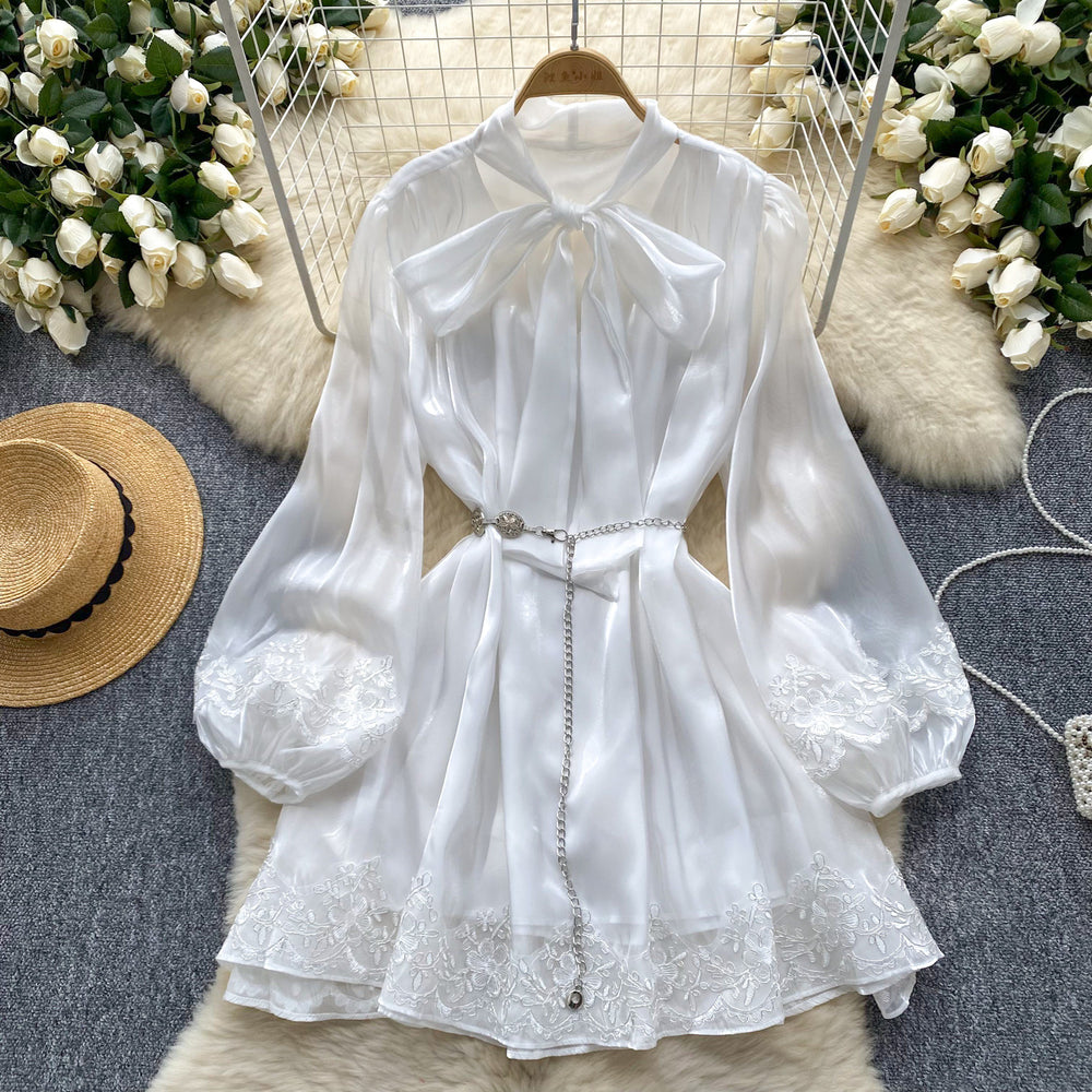 Spring european and american style women's dress - bow neckline, tie-up lantern sleeves, lace trim, shiny chiffon skirt, mini dress