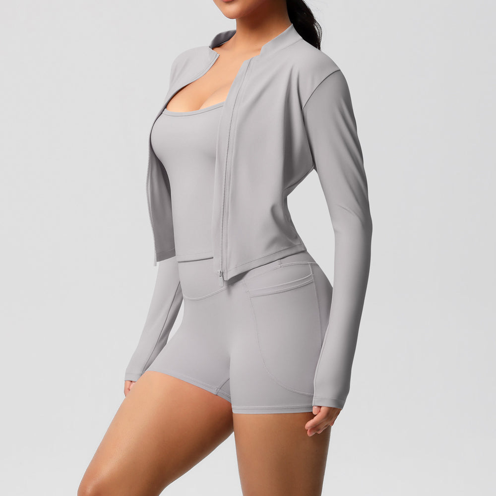 new nude feel tank top outdoor casual compression fitness set with pocket shorts and yoga outfit - 3 piece sports set