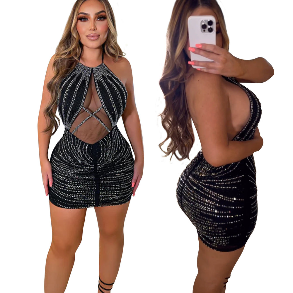 C6757 cross-border   fashion women's solid color mesh rhinestone backless mini dress