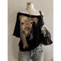 fashion style off-shoulder short-sleeved t-shirt women's leopard print printinglooseslimming looksummernew arrivalfashioneasiest for matchtops