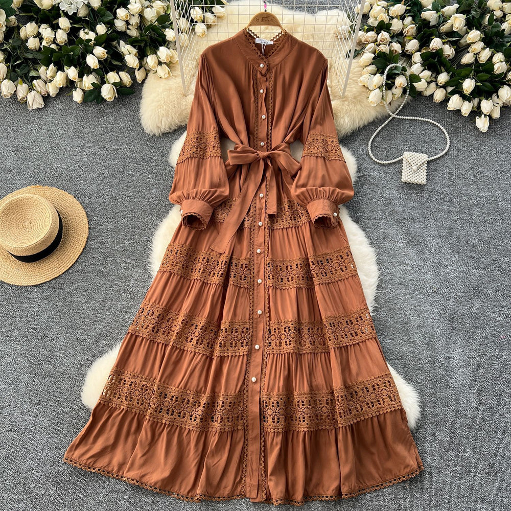 Frenchretrolacepatchwork lantern long sleevesdress women's tie back waist single breasted large swing palace style long skirt