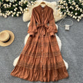Frenchretrolacepatchwork lantern long sleevesdress women's tie back waist single breasted large swing palace style long skirt
