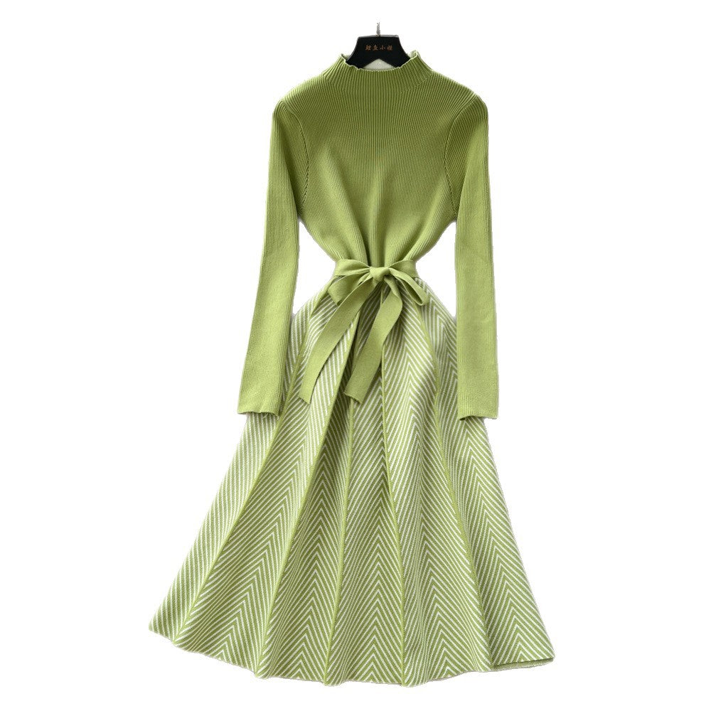 Xiaoxiangfengclassy contrast colorbows strappy long sleevesdress women's metal buckle waist slimming lookknitting short skirt