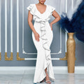C8634 european and american cross-border fashion women's  summer dress - solid color v-neck ruffle hem slit mermaid maxi dress