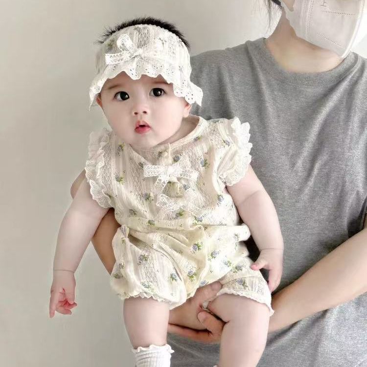 Summer lightweight lace romper baby bodysuit - sleeveless floral print lace outfit for baby girls