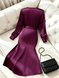 Accessible luxury satin plus size wrap skirt v neck lantern sleeves side tie back waist elegant women's mid-length dress