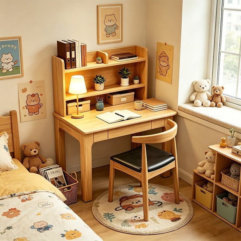 Nordic solid wood computer desk with integrated bookshelf - student study table for home, bedroom, bedside, and minimalist office use