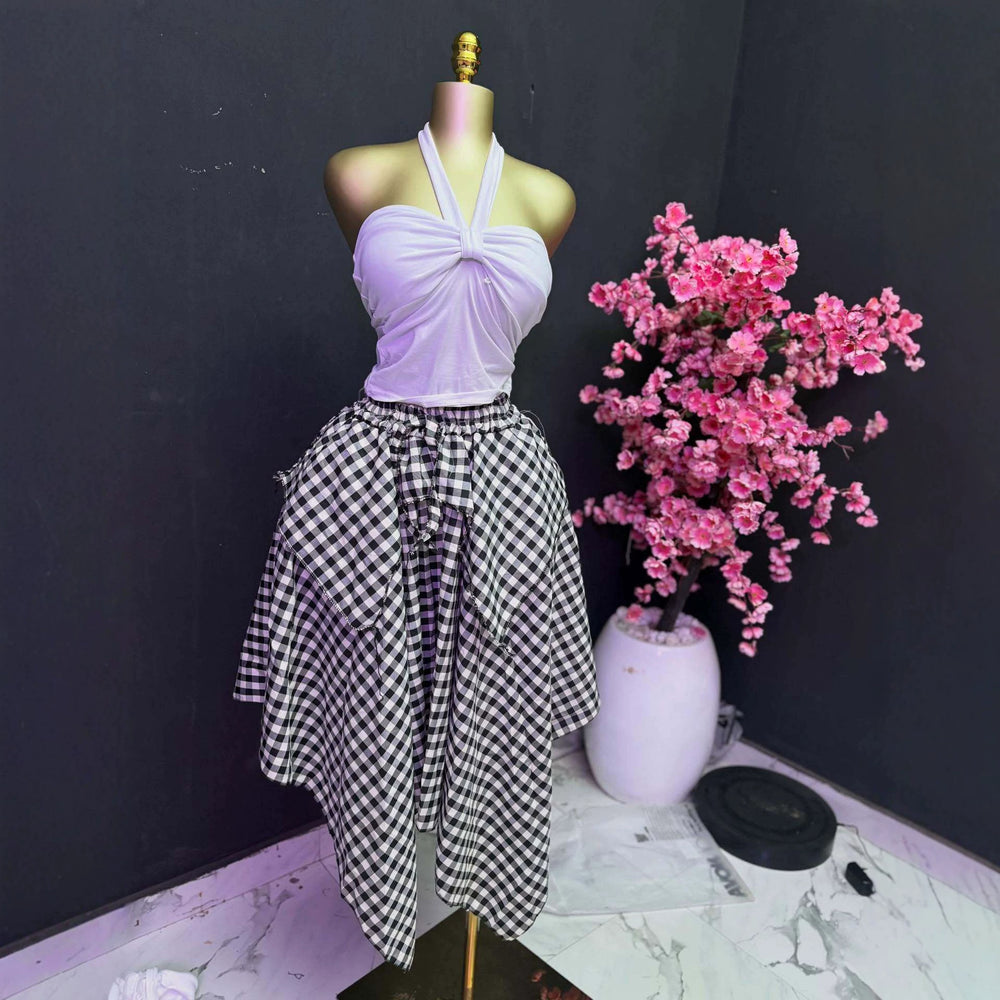 European and american cross-border women's fashion:  summer new arrivals - high-waisted, asymmetrical, mid-length plaid a-line skirt