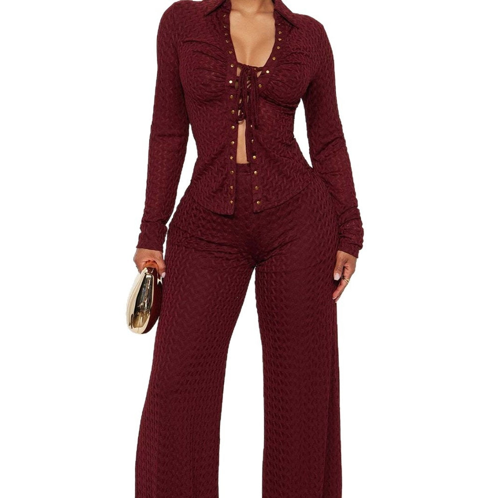 autumn women's casual turn-down collar long sleeve tie-front shirt and pants set - summer outfit