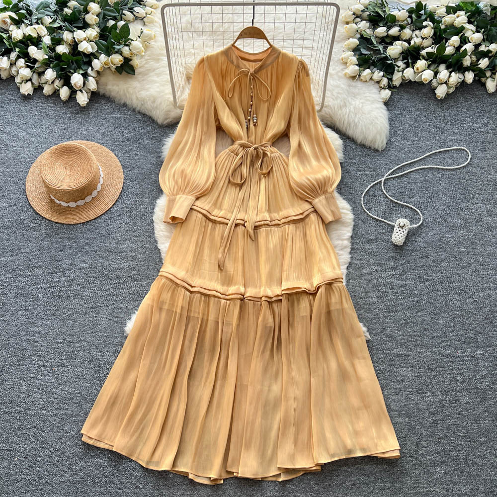 French high-end women's dress - autumn  collection: tie-waist, lantern sleeve, elegant, flowy, and floor-length maxi dress