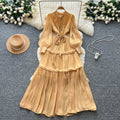 French high-end women's dress - autumn  collection: tie-waist, lantern sleeve, elegant, flowy, and floor-length maxi dress