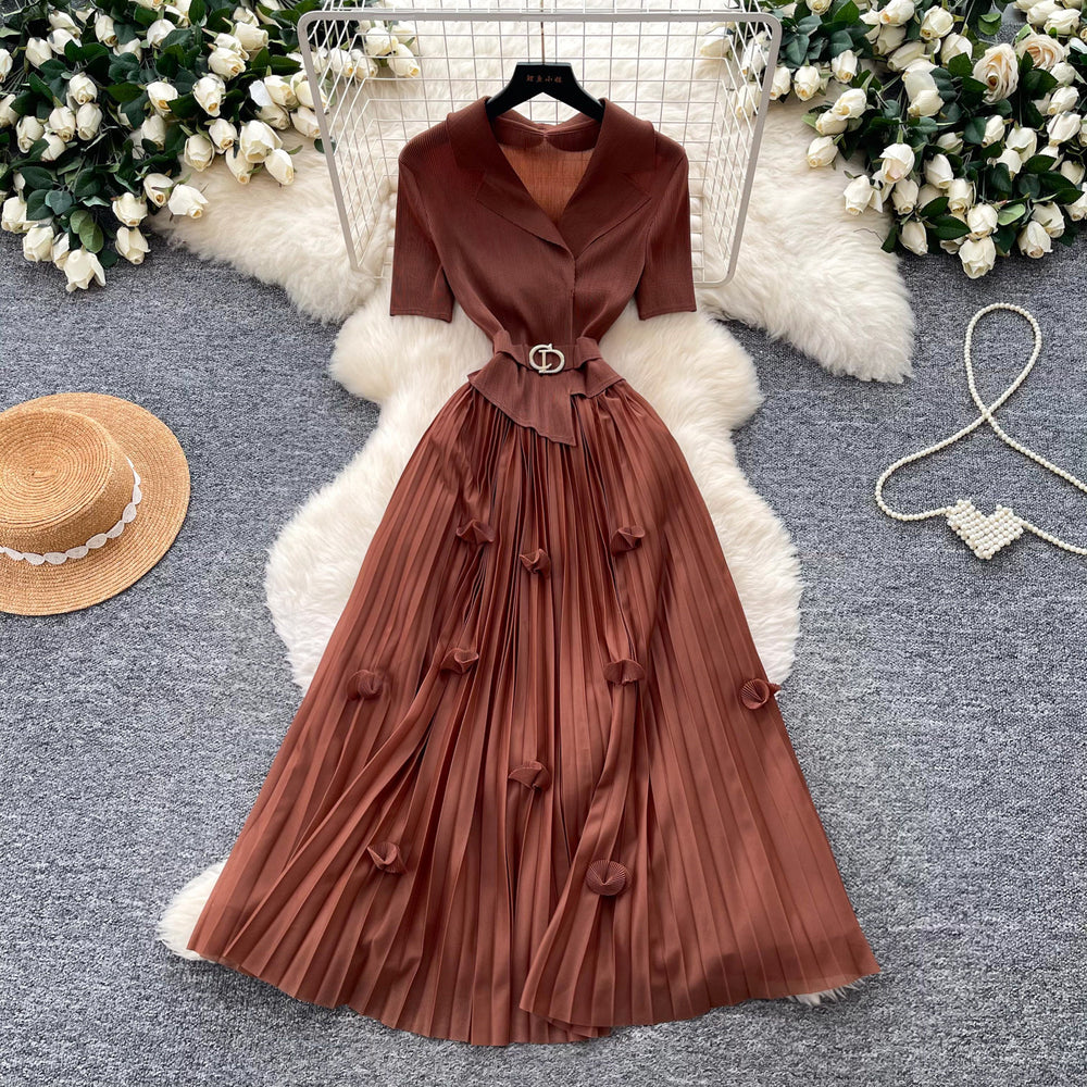 Lightly mature elegance style elastic suit collar dress female summerk-style waist slimming lookpleated long skirt work clothingelegant