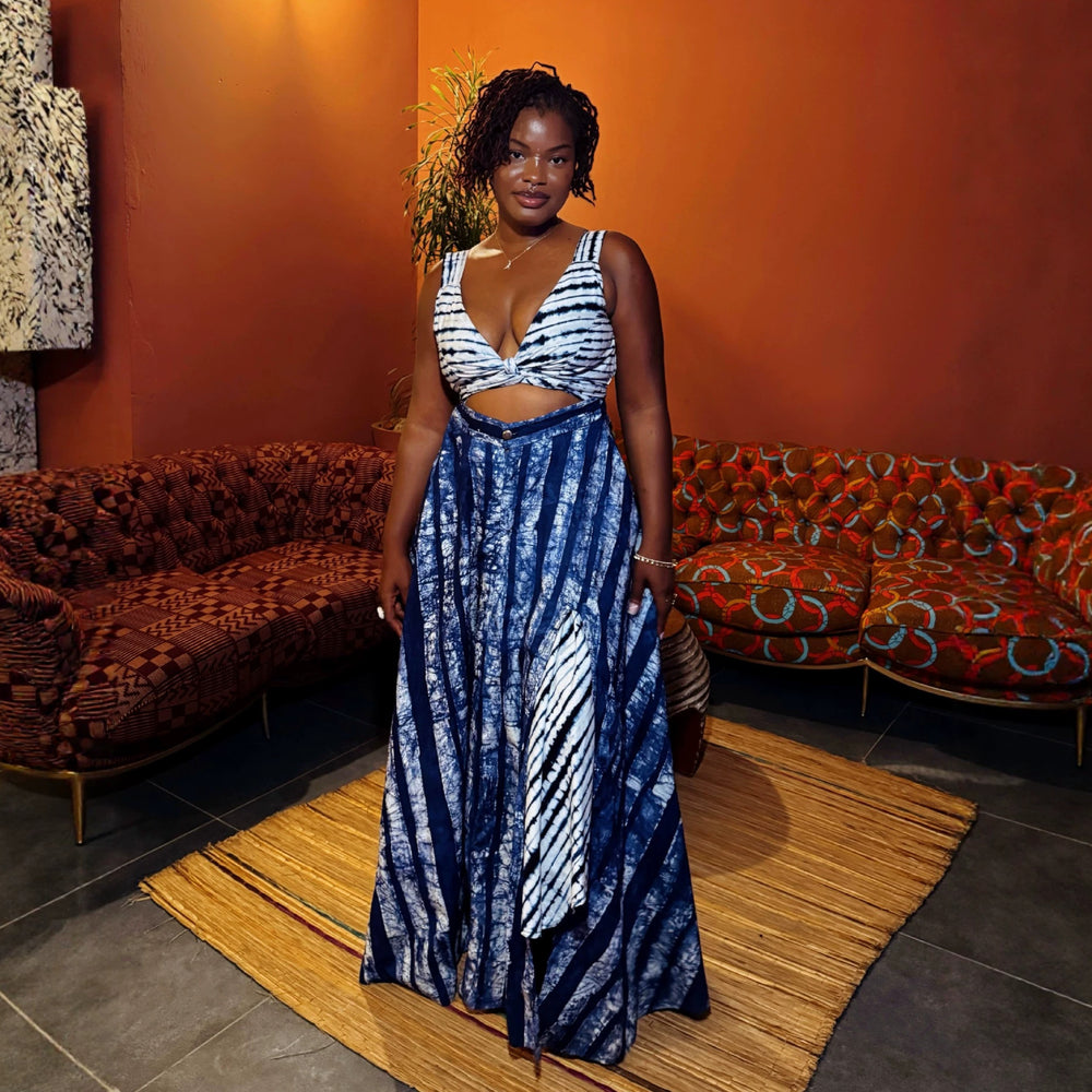 african women's fashion:  summer new collection - printed v-neck cami top and asymmetrical midi skirt set