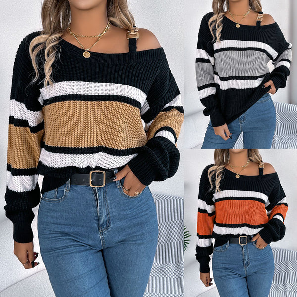Real autumn and winter casual contrasting colors striped lantern sleeves metal buckle off-the-shoulder pullover sweater,  European and American women's clothing