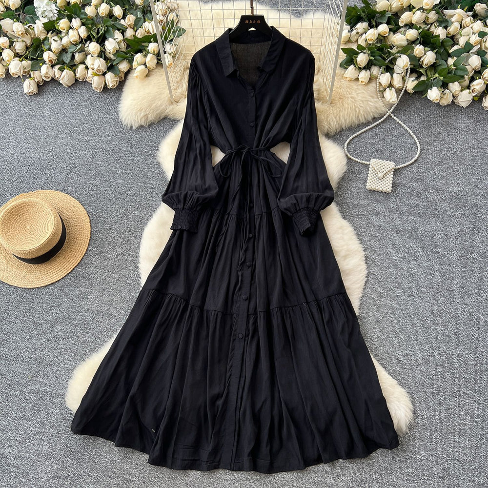 Luxury french style polo neck lantern sleeve shirt dress - women's summer tie-waist maxi dress - ethereal & stunning elegant long dress