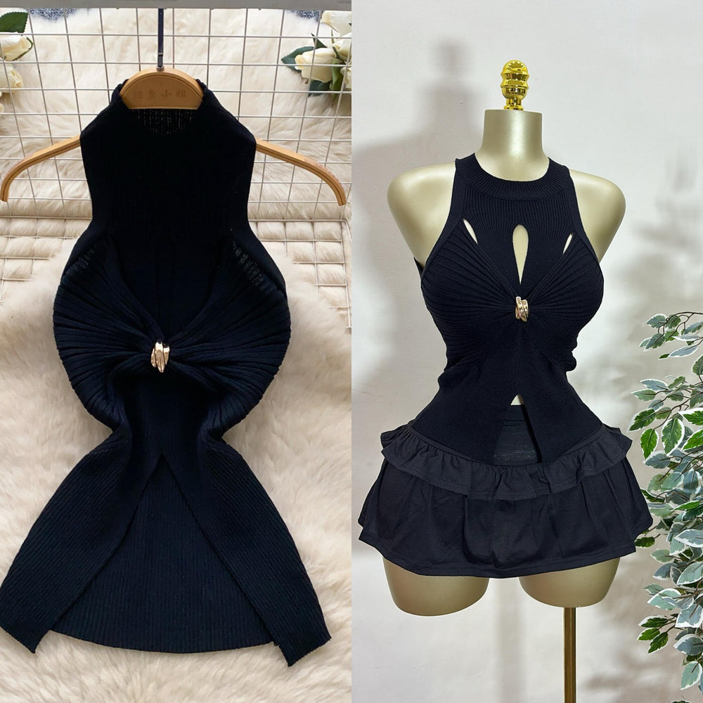 Accessible luxury thousand gold style classy sleeveless knitting vest women's summer metal twist design chic hot girl tops trendy